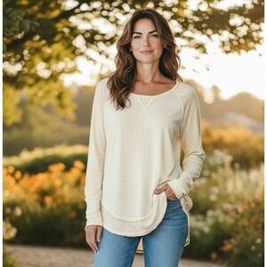 We The Free Womens Top L Friday Feeling Ivory‎ Linen Casual Layered Raglan Tee